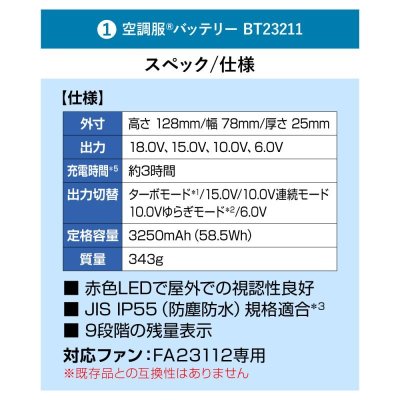 画像15: 18V空調服(R)スターターキット(BT23212バッテリー+FA23112ファン+ケーブル) (15)