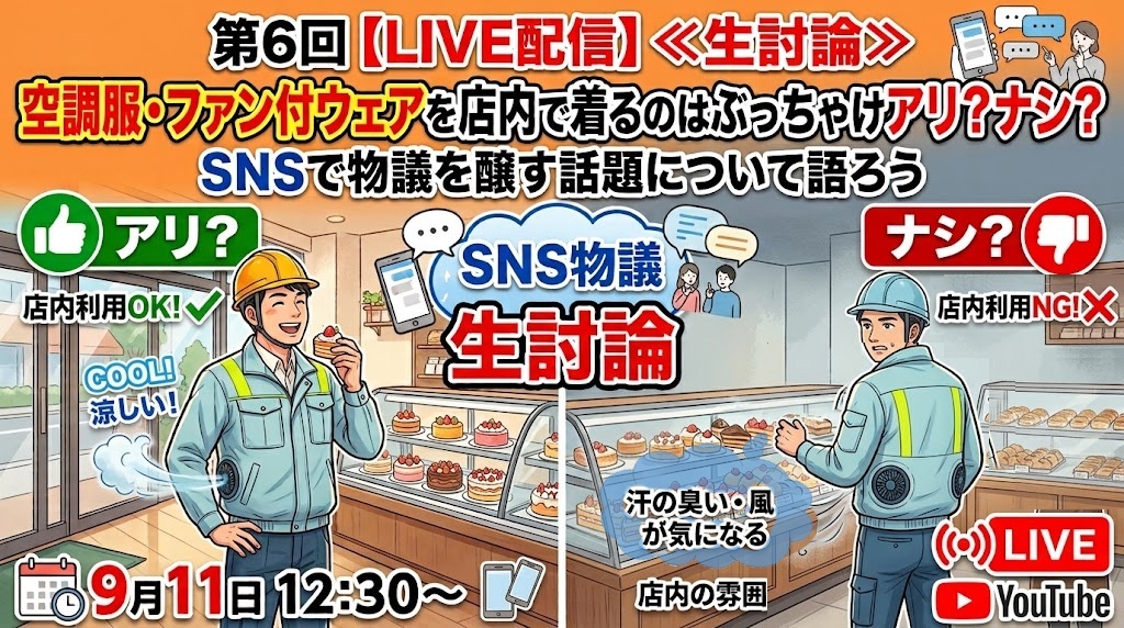 YouTube【生配信】第6弾☆空調服・ファン付ウェアについて語ろう！9/11(金)12:30～