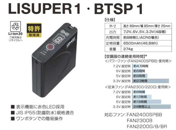 BTSP1パワーファン対応バッテリー本体のみ[LI-SUPER1用]｜2023空調服(R) ＜7.2V＞FAN2200/2300/2400ファン ・LI-SUPER1/Pro2バッテリー｜作業服・空調服などユニフォーム通販のユニステージ